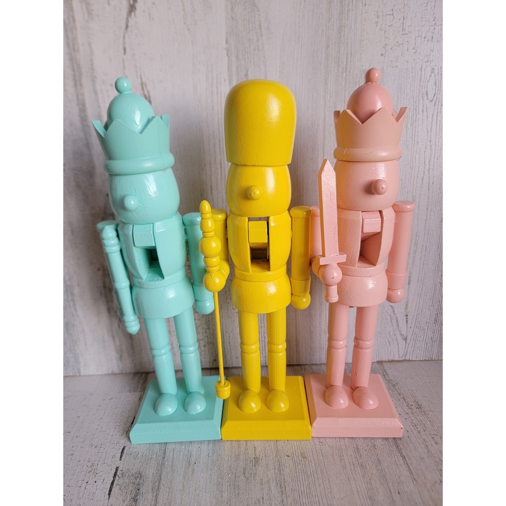 Pastel Nutcracker set sword staff pink yellow blue Xmas home decor figure